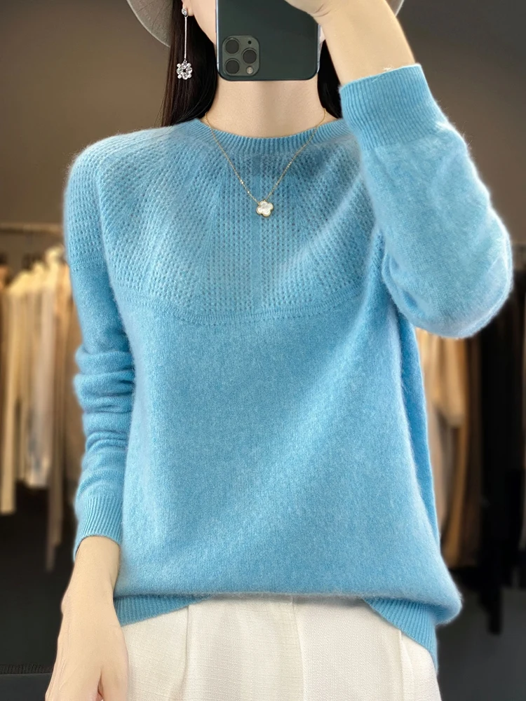 Autumn Winter Women Sweater O-Neck Long Sleeve 100% Merino Wool Hollow Solid Pullovers Cashmere Knitwear Female Clothing Tops