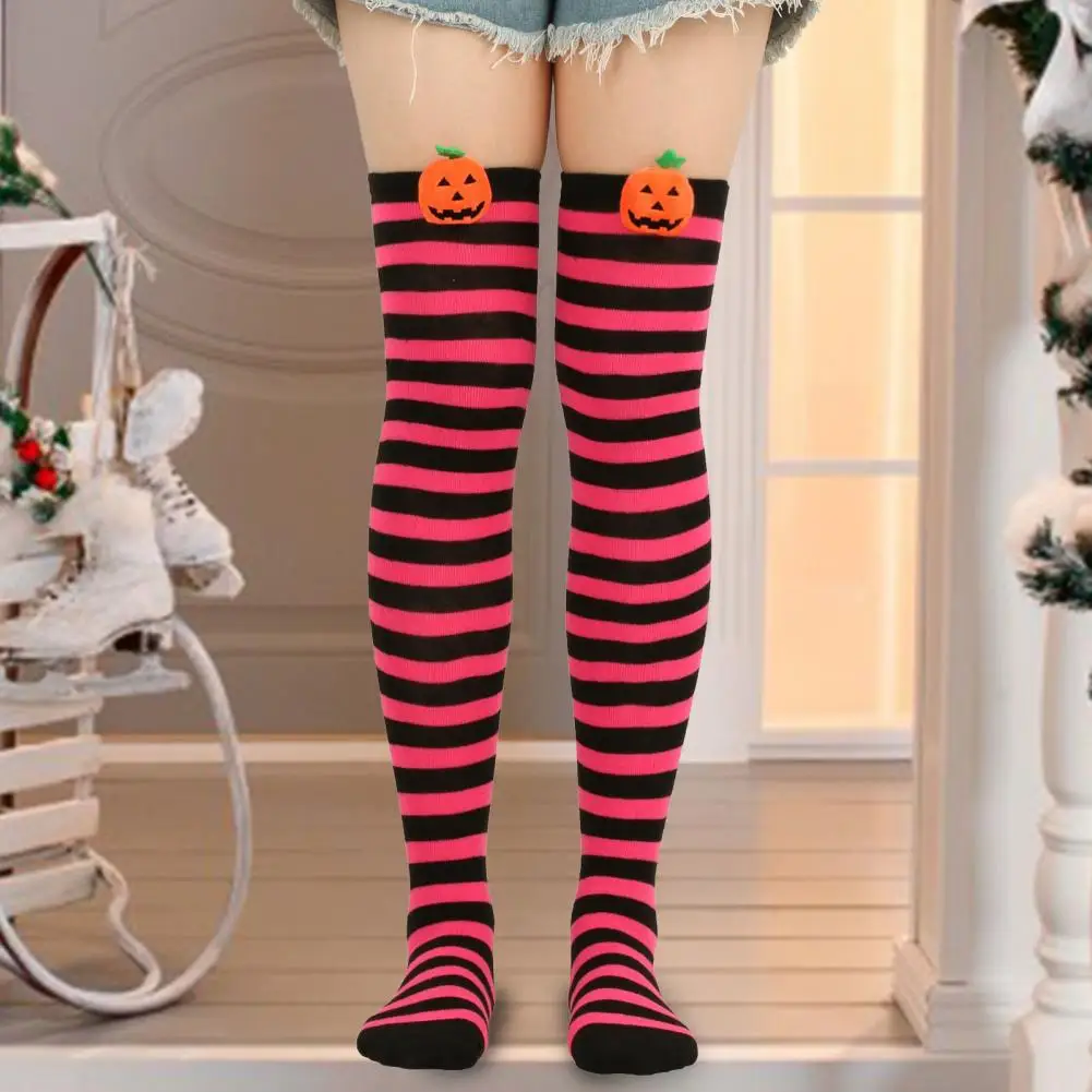 1 Pair Halloween Stockings Over The Knee Funny Cartoon Pumpkin Striped Contrast Color High Elasticity Socks for Halloween Party