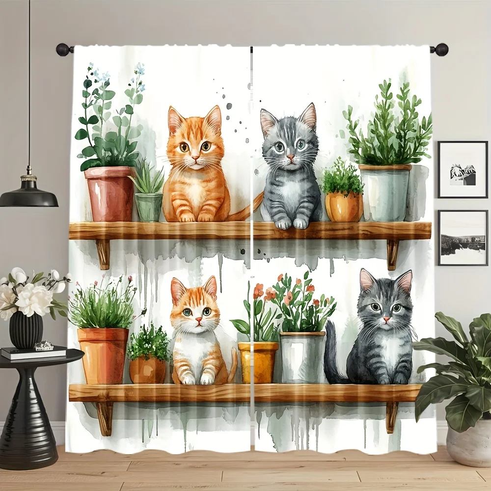 Cat and Plant Storage Shelf Theme Print Drapes Room Darkening Window Curtains Home Decor,Rod Pocket Blackout Curtains Bedroom