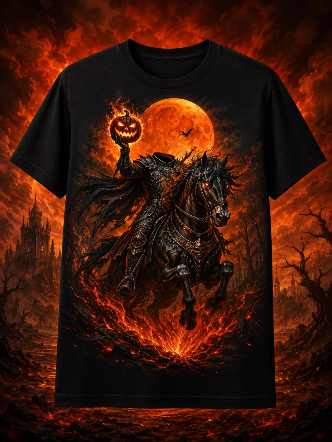 Gothic Horror Men's T-Shirt, Head Knight and Pumpkin Moon, Halloween Party Fall, Gift for Boyfriend Husband and Son