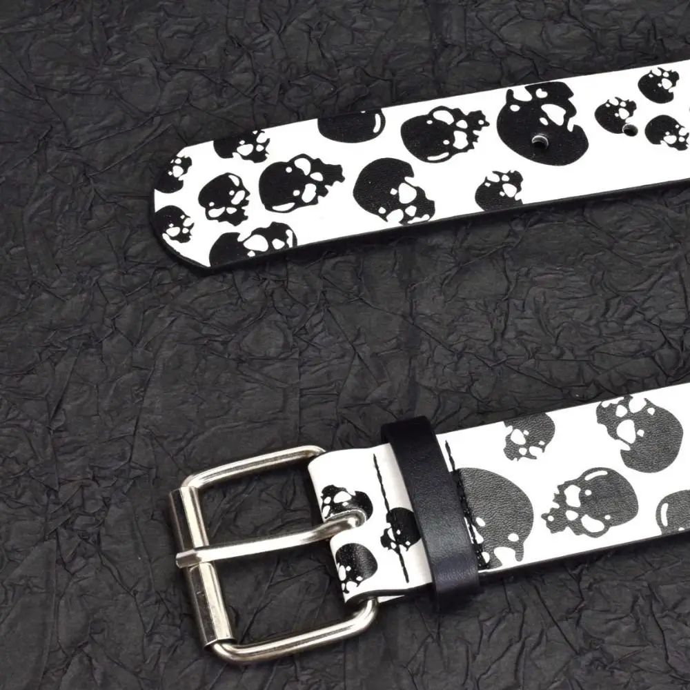 Punk-Style Skull Print Belt Rhinestone Pu Leather Goth Style Belt Pants Decors Casual Wear Halloween Skeleton Waistband