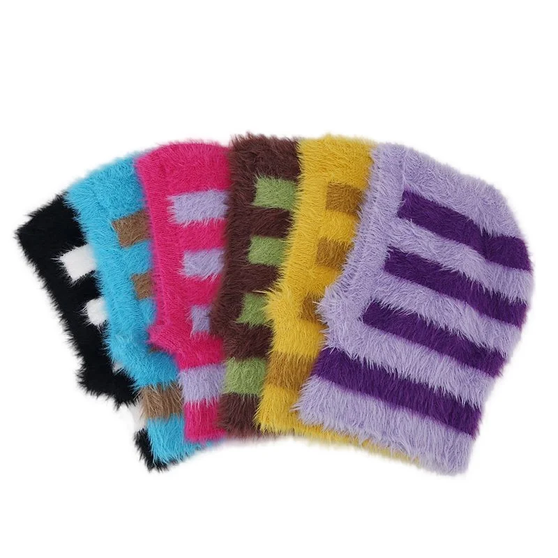 Neck protection hat striped two-color hat bib dual-purpose imitation raccoon wool knitted hat