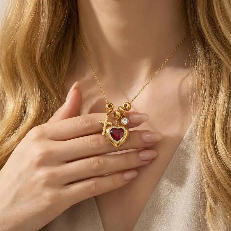 

Stainless Steel 18K Gold PVD Plated Red Crystal Heart Cross Pendant Necklace Vintage Rhinestone Charm Choker Women Jewelry Gift