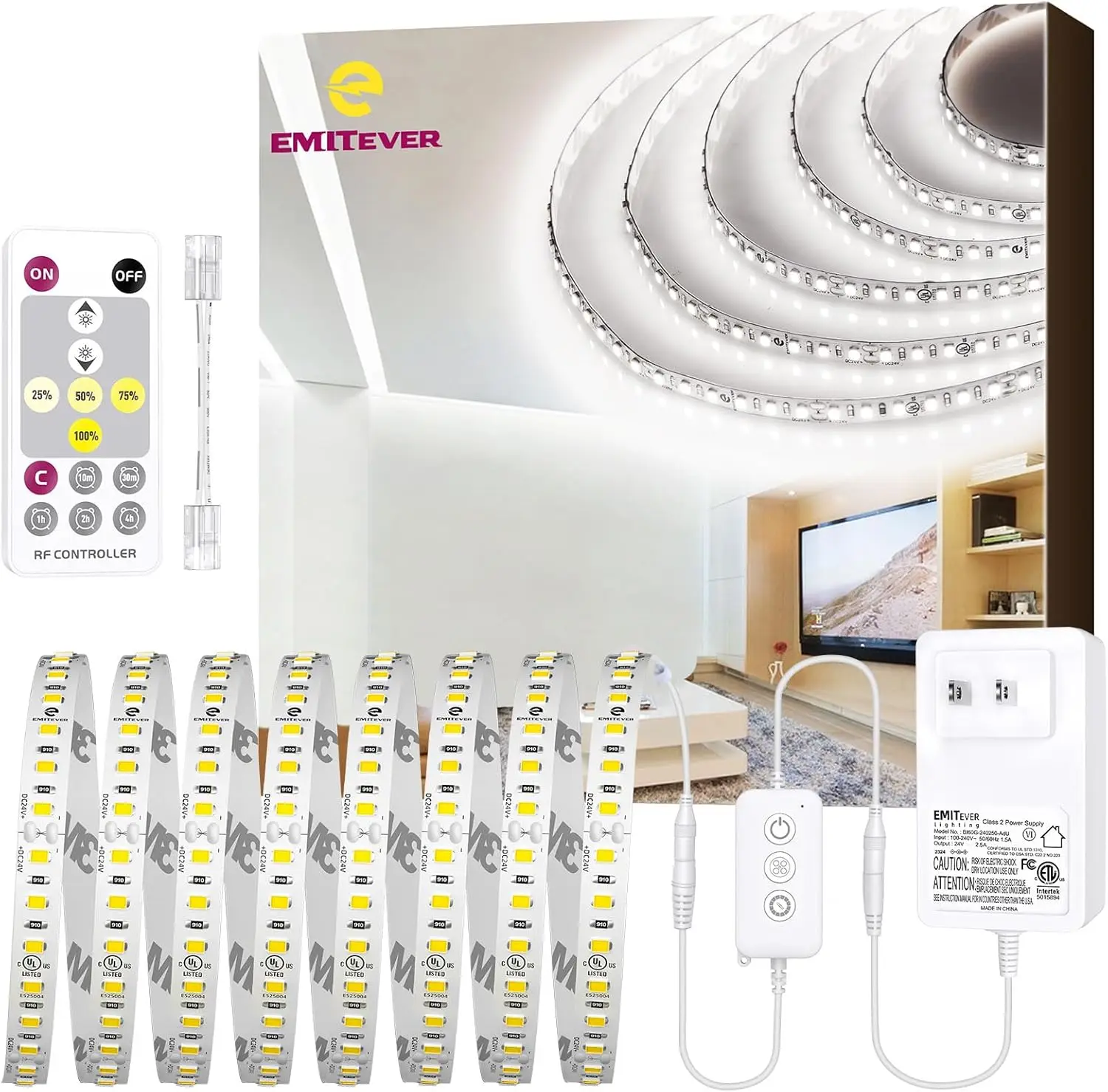 

16.4ft Dimmable LED Strip Lights Kit with Remote, 24V Power Supply, 600 LEDs, 5000K White for Under Cabinet Lighting