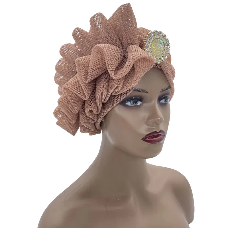 2022 Summer New Mesh Women\'s Turban Cap with Side Ruffles Design Already Made African Headtie Nigeria Auto Geles Lady Head Wraps