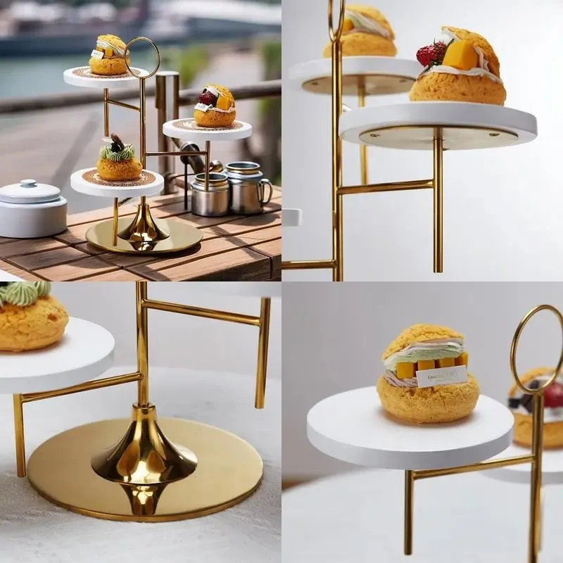 Elegant Gold Stainless Steel Buffet Dessert Display Stand Set with Marble Plate Food Rack for Hotel Wedding Catering