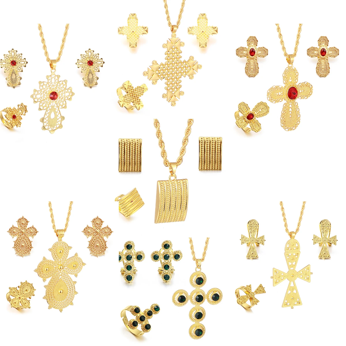 

Ethiopian Jewelry Women Cross Pendant Necklaces Earrings Ring Set Eritrean Ornaments
