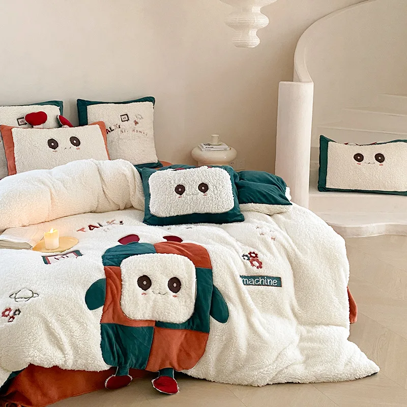 Winter Cartoon Cute Style Double-sided Buvet Cover Thickened Lamb Fleece Four Piece Set Coral fleece Duvet Cover Plush Bedding