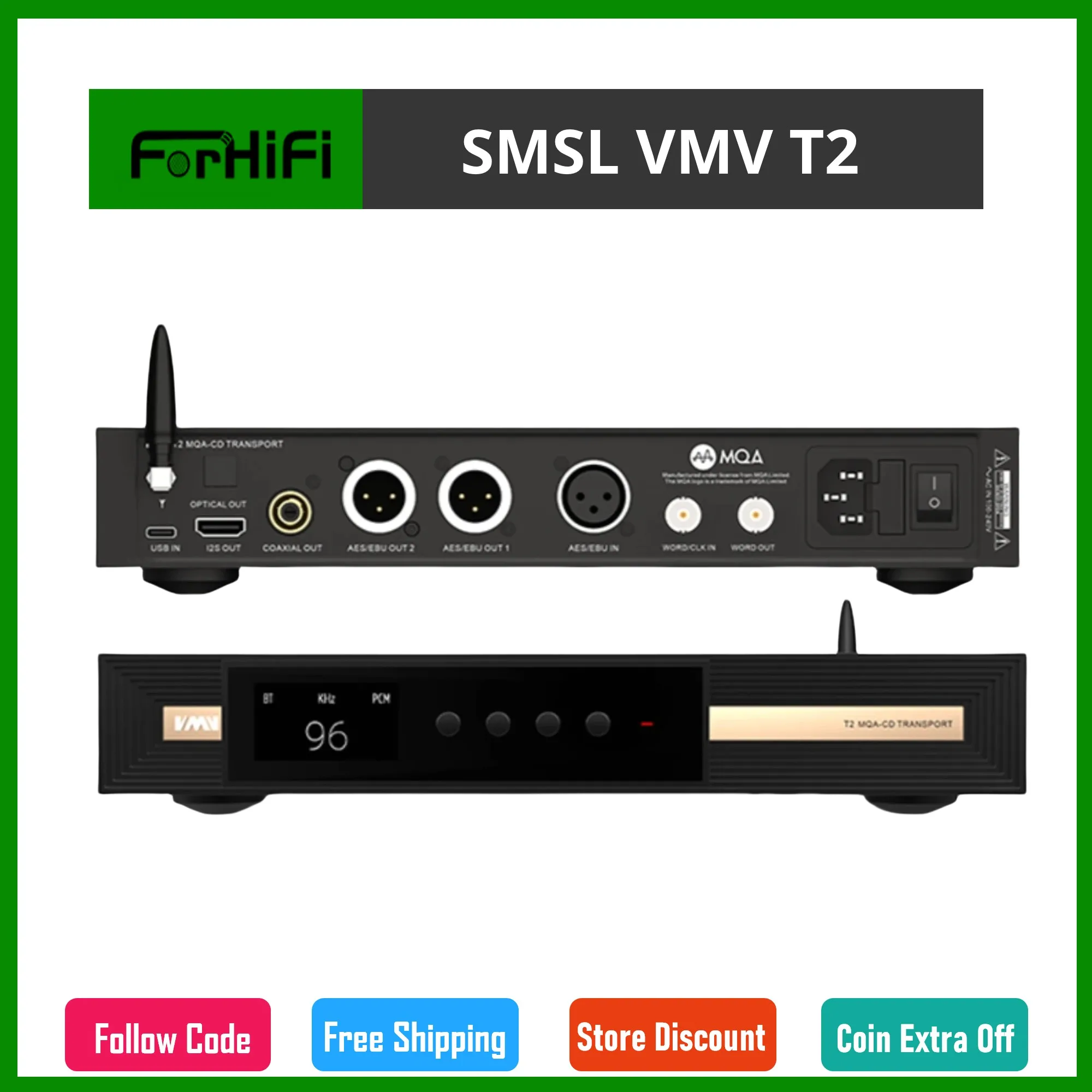 

SMSL VMV T2 Hi-Res CD Player Digital Media Center MQA DSD512 Bluetooth5.1 DSD512 LDAC Aptx-HD 32bit/768kHz With Remote Control