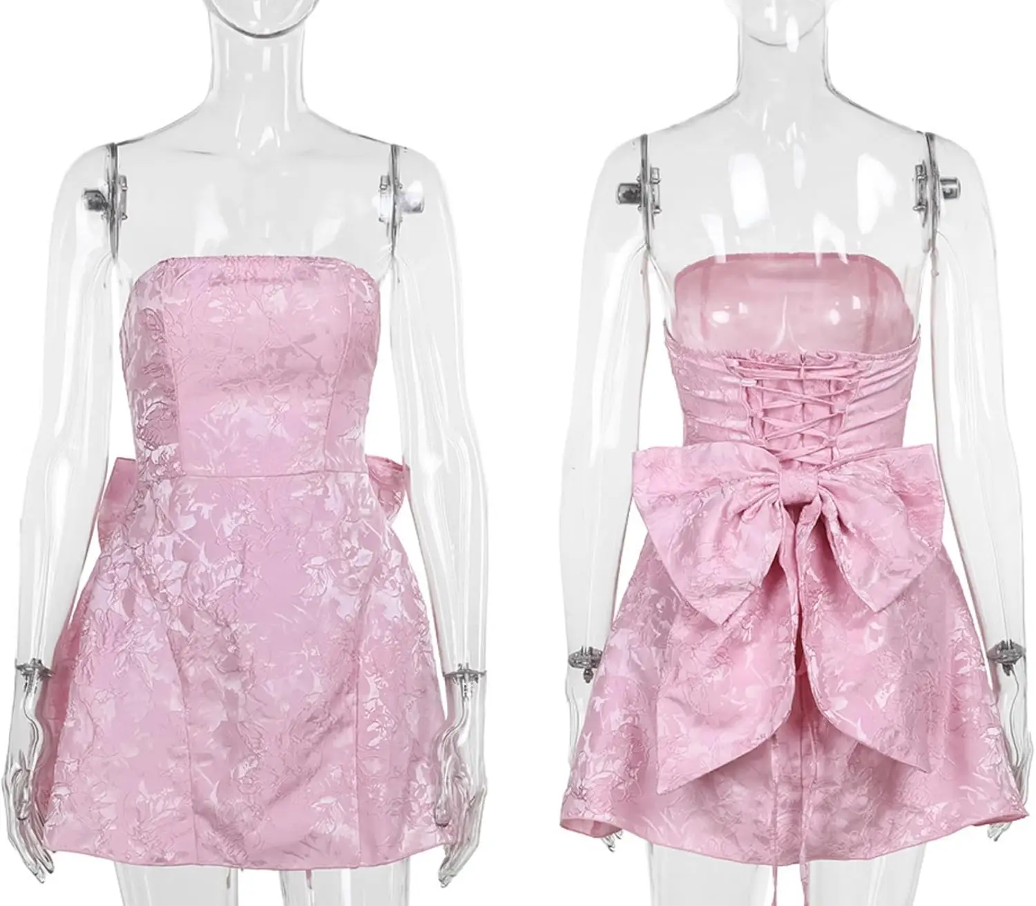 Abito per il ritorno a scuola in raso ricamato Mini abito senza spalline con fiocco grande Gonna svasata a trapezio Abito da ballo corto Abito da sera Abito da festa