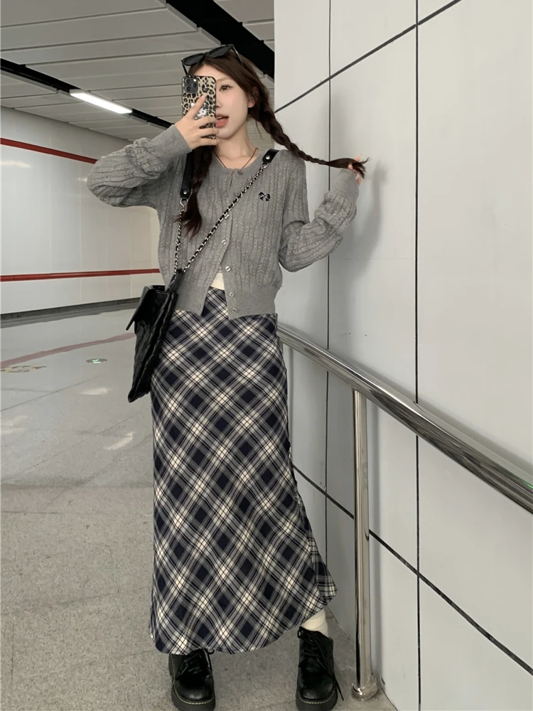 

Retro Plaid High Waist A-Line Skirt Women Summer plus Size Conceal Meat Mid-Length Skirts Korean Sle Commute