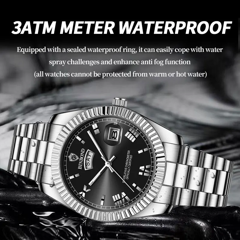 BINBOND B7012 Mens Fashion Business Sports Quartz Watch 30M Waterproof Luminous Classic Calendar Creative Clock Mens Wristwatch