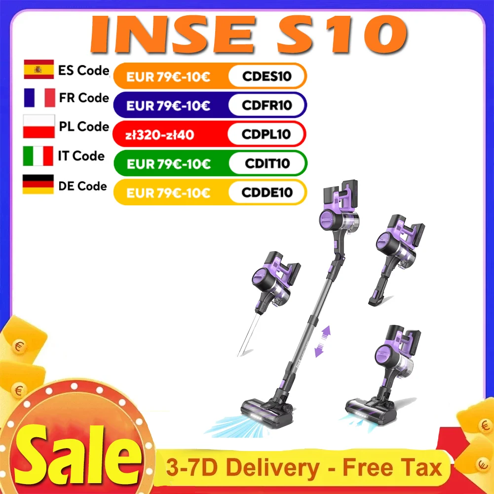 INSE S10 Cordless Vacuum Cleaner, 26kPa Powerful Suction, 1.2L Dustbin, 50min Max Runtime, 3-speed Modes, 350W Brushless Motor