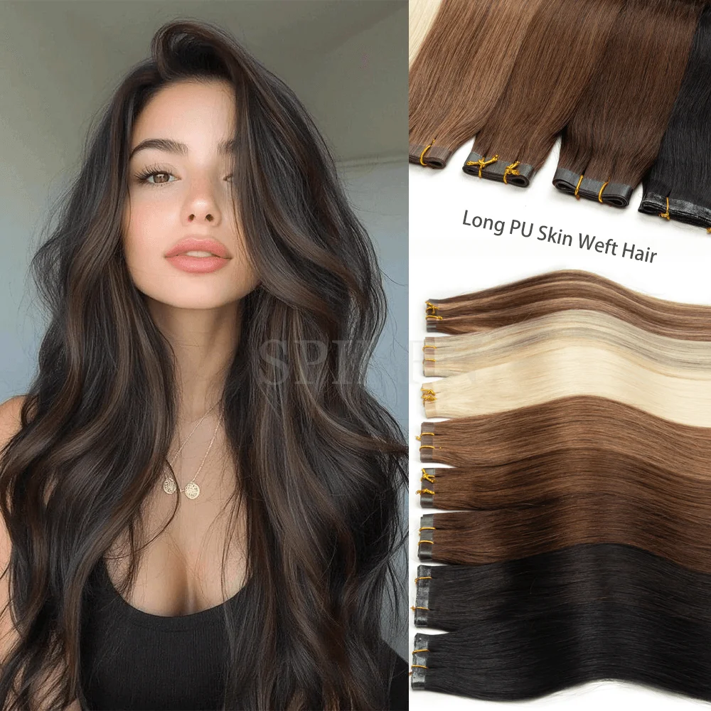 Rechte Lange PU Tape Inslag Human Hair Extensions 12 "-22" Blond Bruin PU Huid Tape in Haar Platte Inslag Naaien In MicroLinks Haar
