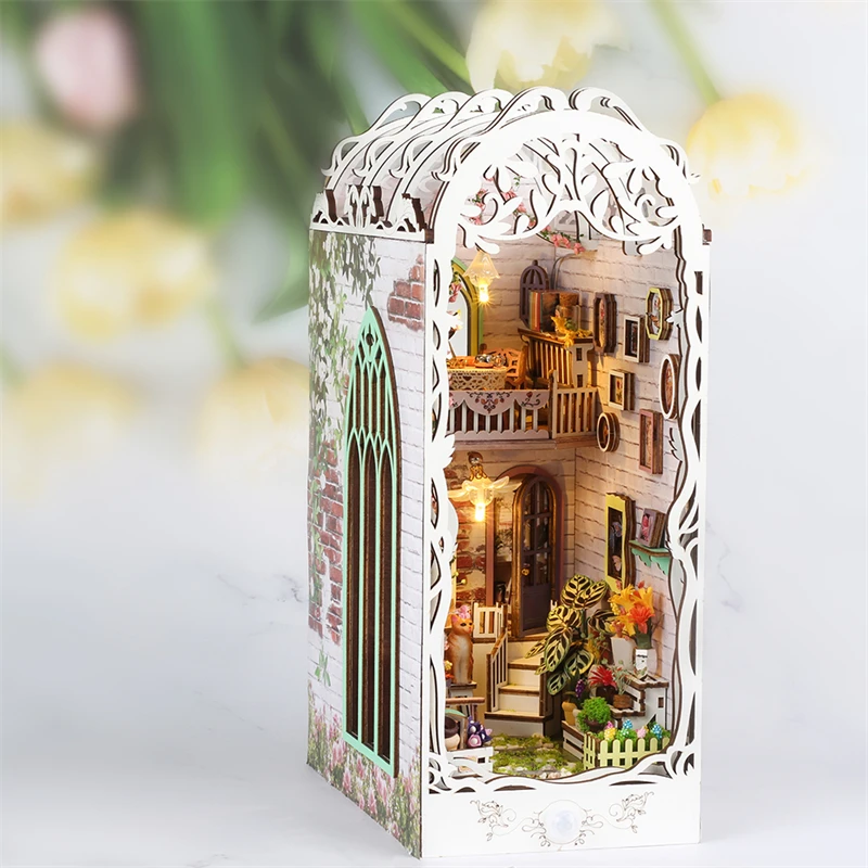 DIY Holz Blumen haus Buch Ecke Regal Einsatz Kits Miniatur Baukasten Bücherregal montiert Buchs tützen Freunde Geburtstags geschenke