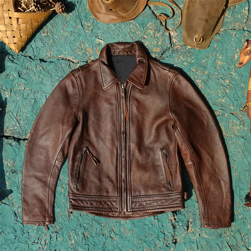 

Faionable Urban Sle Мужская мотоциклетная куртка из натуральной кожи с выцветшим коричневым чаем и сердечком из воловьей кожи