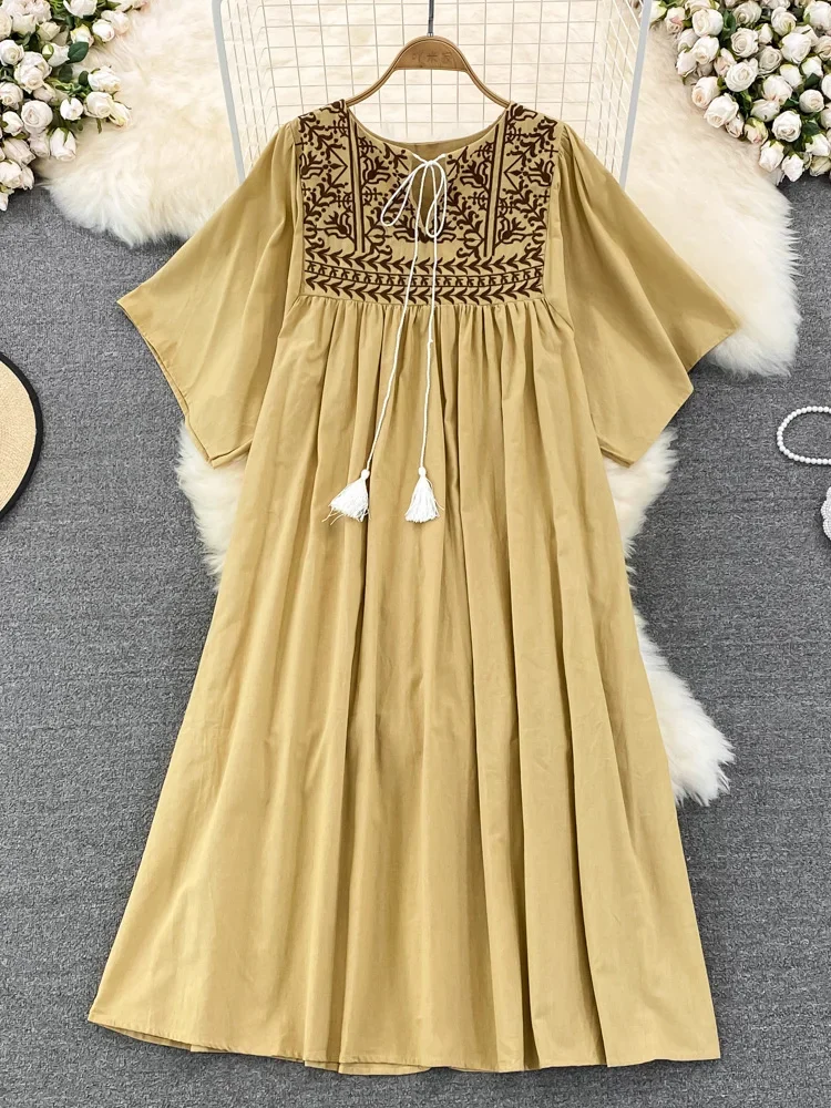 

Summer Ethnic Literary Retro Knee Dress Holiday Style Heavy Industry Embroidery Flower Tie Midi Vestidos Women D1509