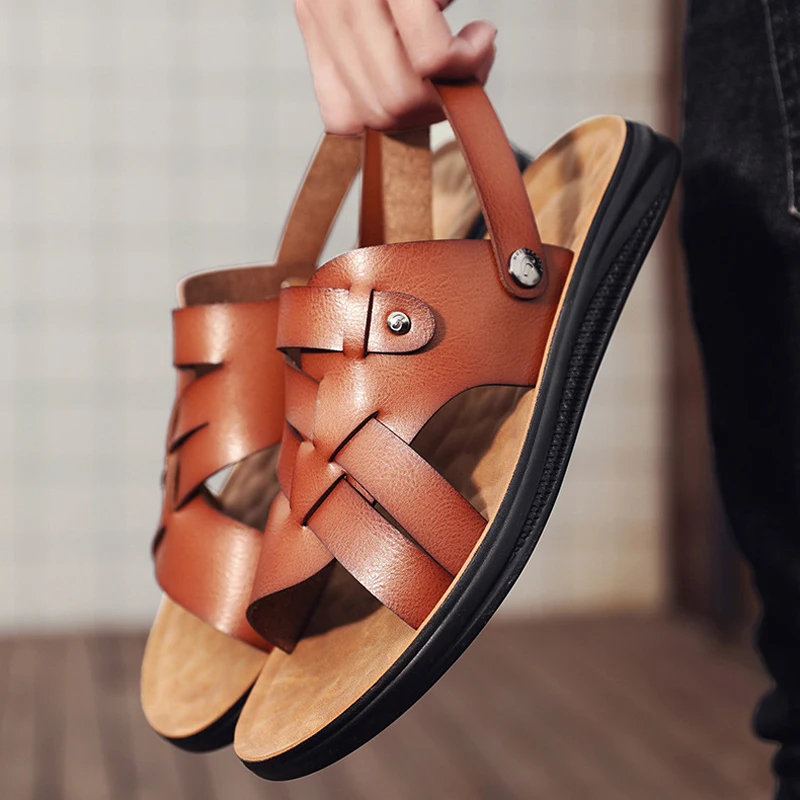 

Men's Summer Shoes Outdoor Two-way Wear Slippers Sandals Men Leather Beach Shoes Large Size 46 47 Slip-On Casual Footwear MSH039