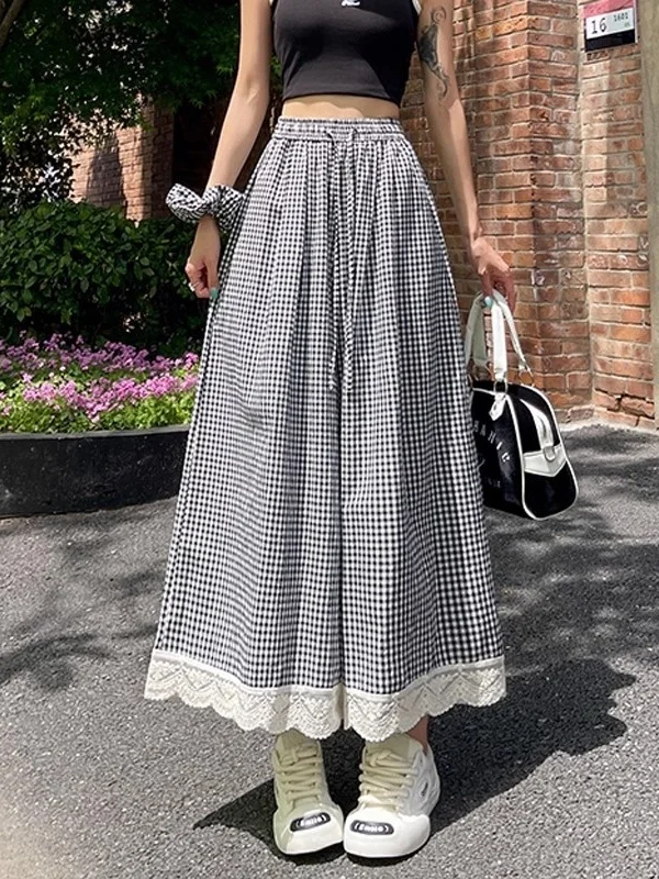 

Женские повседневные брюки-юбка с высокой талией, в клетку, с кружевными вставками, широкие, на тонкой эластичной резинке, свободного кроя, укороченные, весна-лето, для похудения