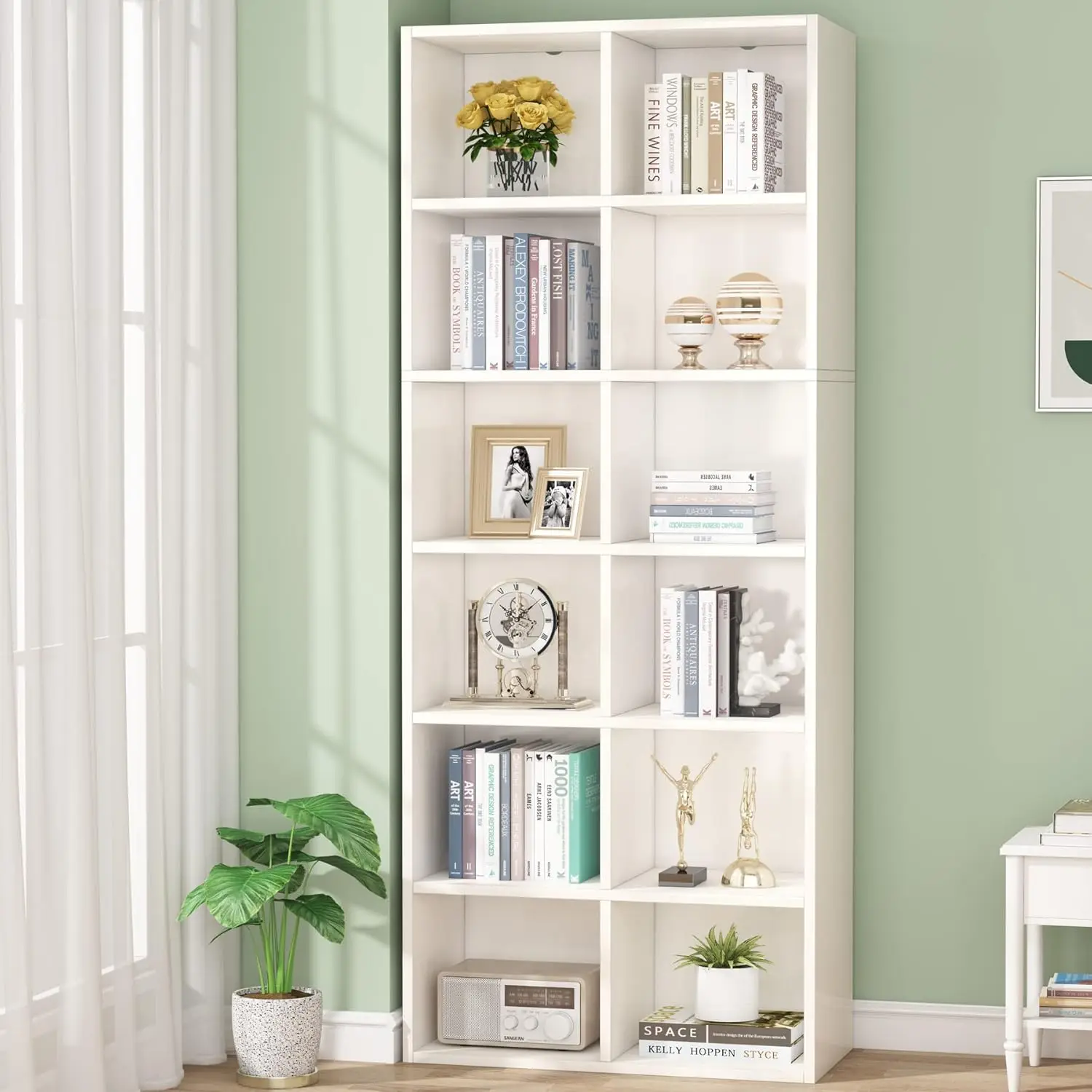 71.65 Inch Tall Narrow Bookcase Bookshelf, White Modern Bookcase with 12 Cube Storage for Home Office, Vertical or Horizontal