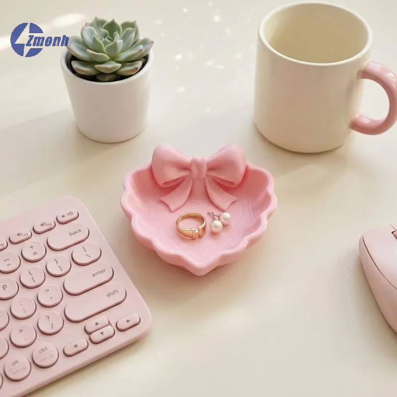 

New！Heart-Shaped 3D Printed Jewelry Tray With Pink Bow, Elegant Decor For Table, Sink & Office Desk, Perfect For Jewelry Storage