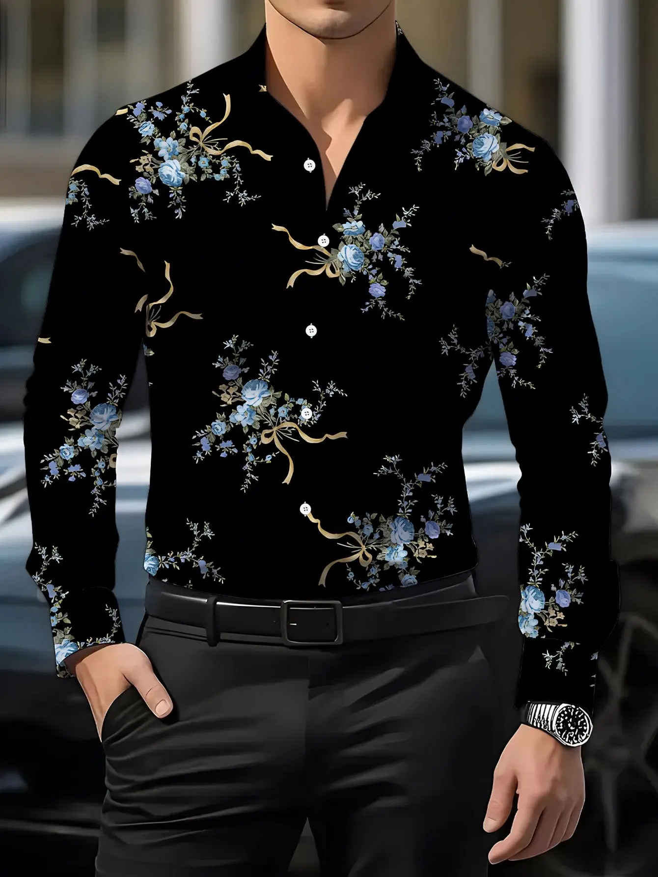Men Long‑Sleeve Button‑Down Shirt Black Blue Floral Golden Ribbon Print Polyester Lapel Collar Party