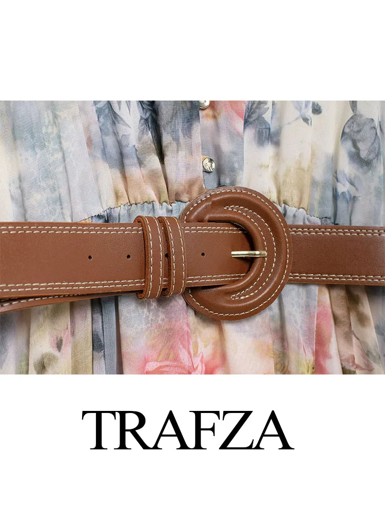 Trafza ชุดเดรสฤดูร้อนแฟชั่นคอวีสำหรับผู้หญิง, เดรสยาวมีกระดุมพิมพ์ลายดอกไม้