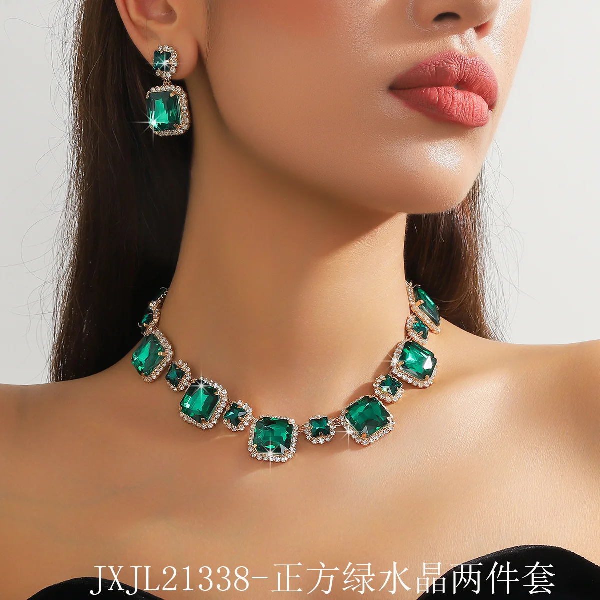

Cross border supply hot selling European and American style colorful red full diamond crystal necklace earrings dinner dress exa