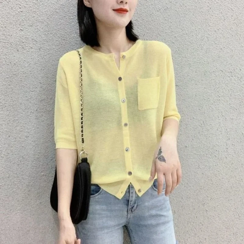 Cardigan Women Solid Thin Summer Short Sleeve All-match Ulzzang Fashion Chic Casual Elegant Female Daily Retro New Simple O-neck