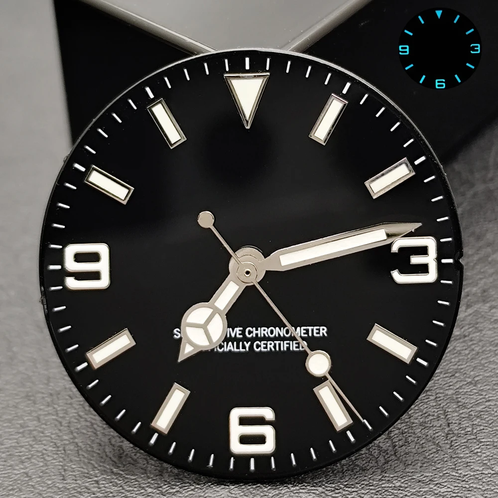 Blau-Grün Leuchtendes 28,5mm Zifferblatt ohne Datum, Zeiger mit individuellem Logo, passend für NH35 8215 2824 2836 Uhrwerke, Uhrenzubehör – Detail 5