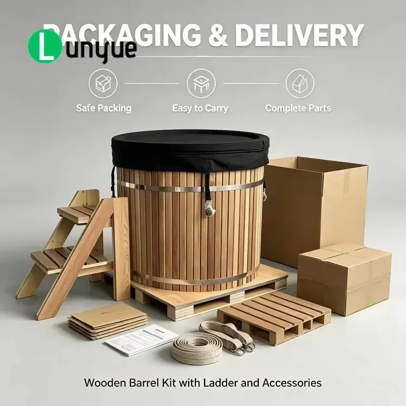 Redwood Cold Plunge Tub Outdoor Ice Bath with Heat Shield and Wooden Ladder for Exercise Recovery Muscle Relief
