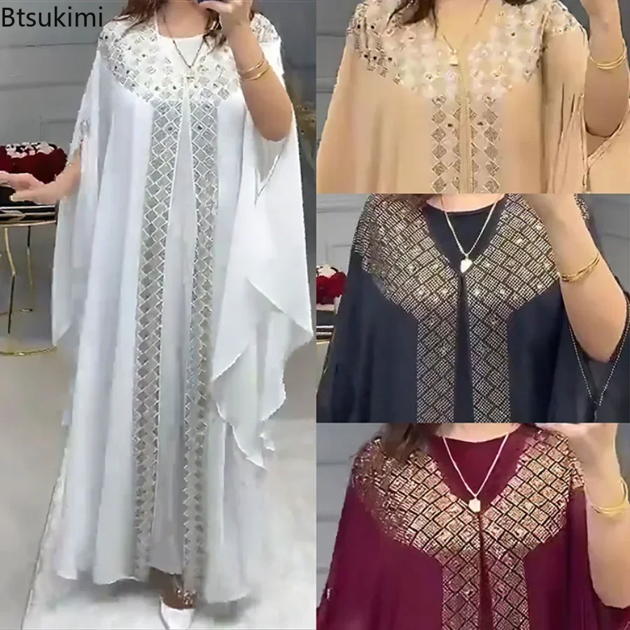 Luxury Rhinestones African Dress for Women Kaftan Africa Clothing Ramadan Robe Chiffon Long Dress Islam Muslim Abaya 2 Piece Set