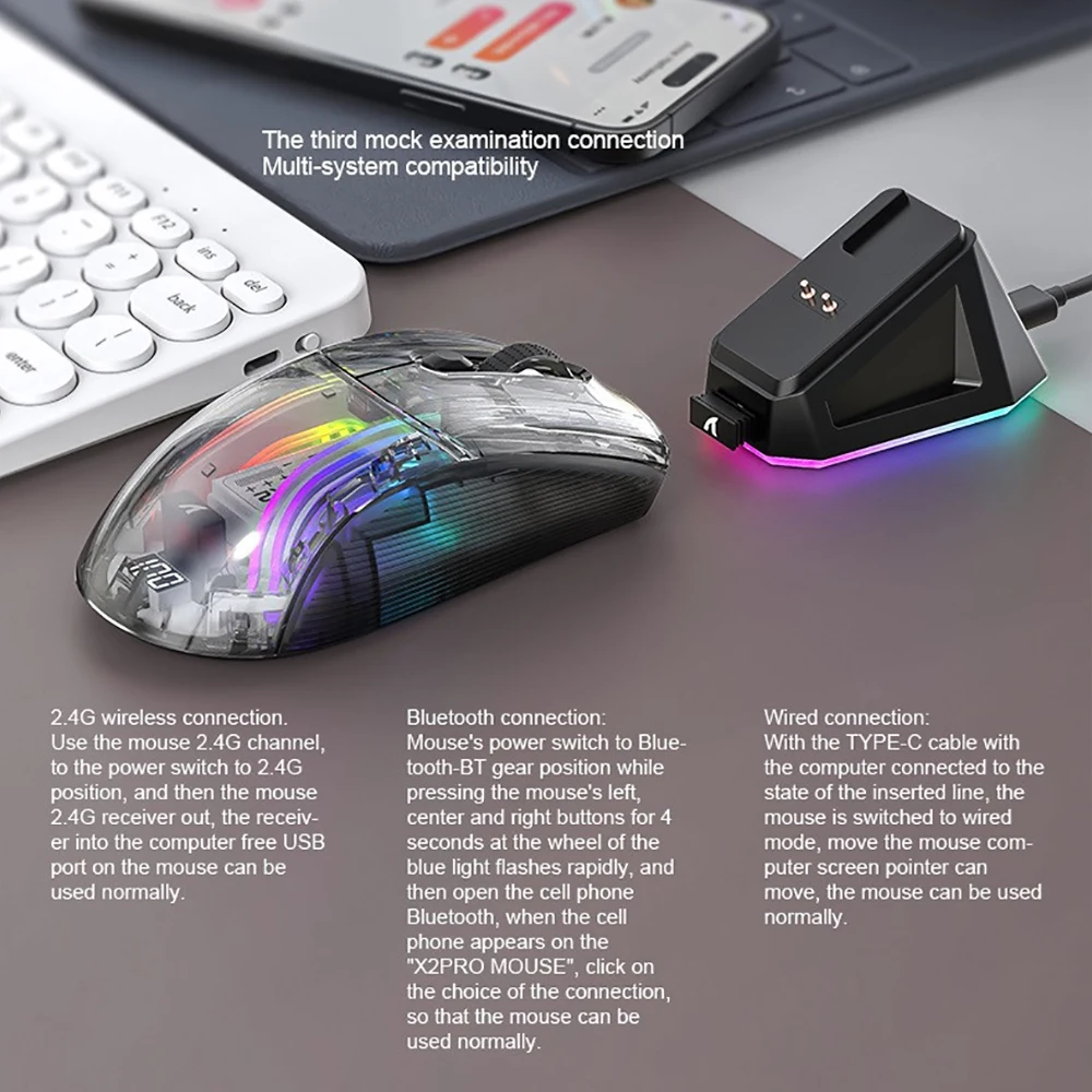 Three-Mode 2.4G Wireless Bluetooth Mouse Transparent Mouse with Charging Dock Power Display RGB Light Emitting Mouse