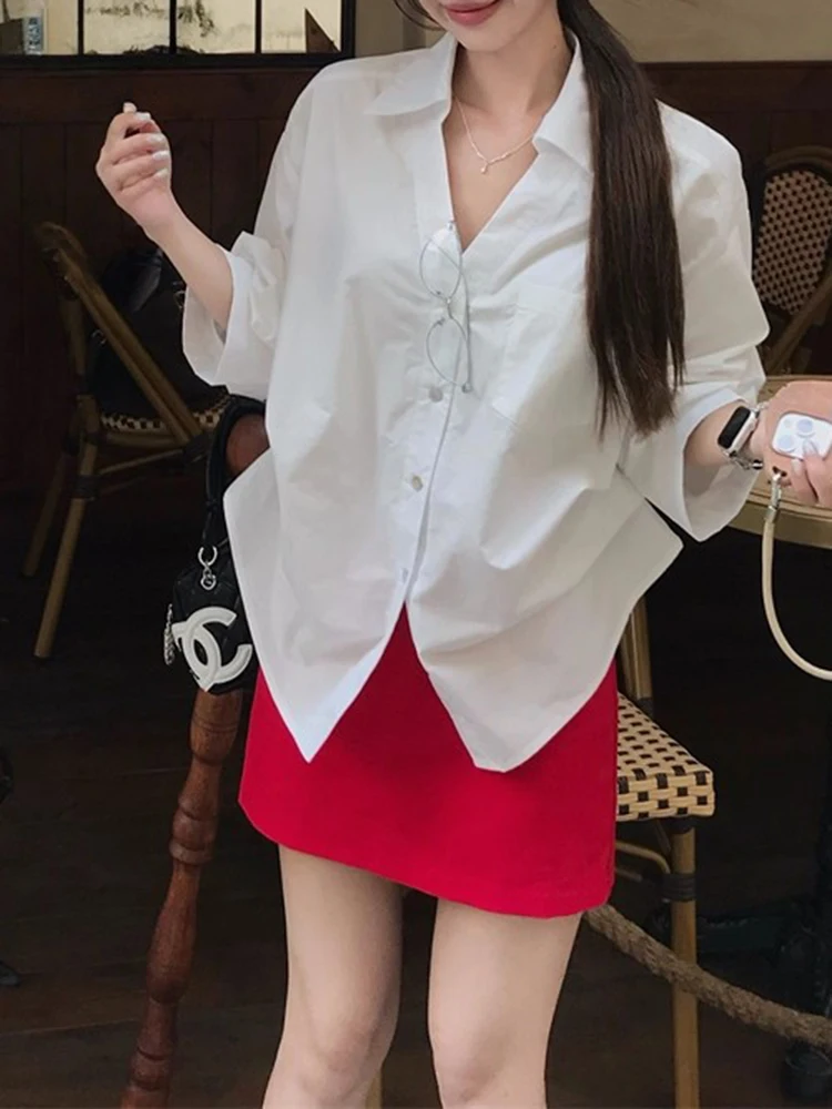 

Women Summer White Long Sleeved Shirt Korean Retro Style Office Top Bubble Sleeves Waist Cinching Versatile Collar Fashion