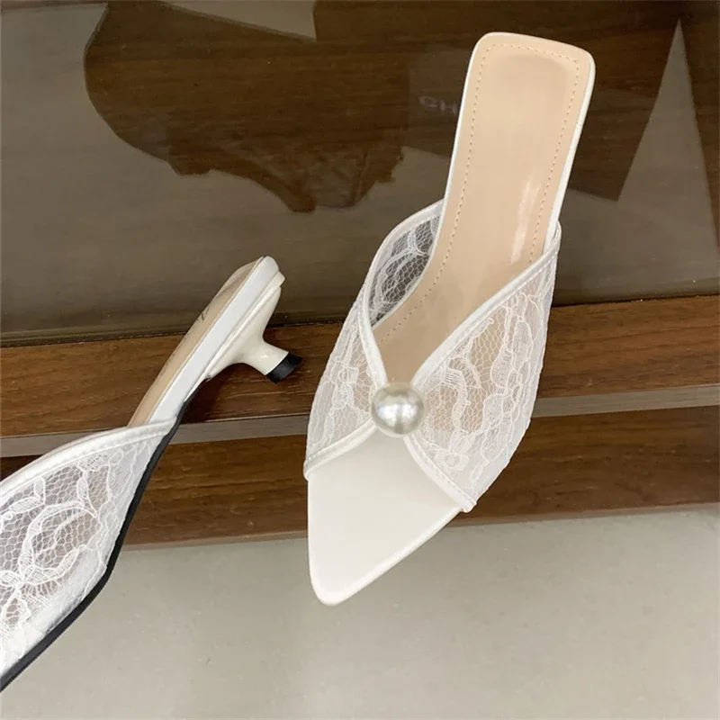

Aneikeh Women's Lace Mules Slippers White Pearl Kitten Heel Sandals Summer 2026 New Square Toe Slip on Slides Party Wedding Shoe