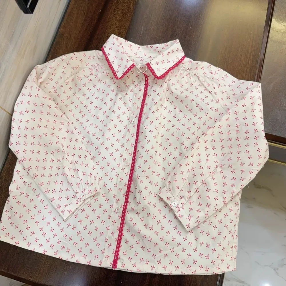

girls blouse spring kids girls clothes full cherry pattern print shirt Sweet pink girls' long-sleeved shirt
