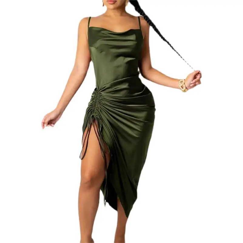 Sexy Women Midi Dress Women Swinging Neck Spaghetti Strap Backless Solid Color Beach Dresses Female Satin Elegant Party Vestidos