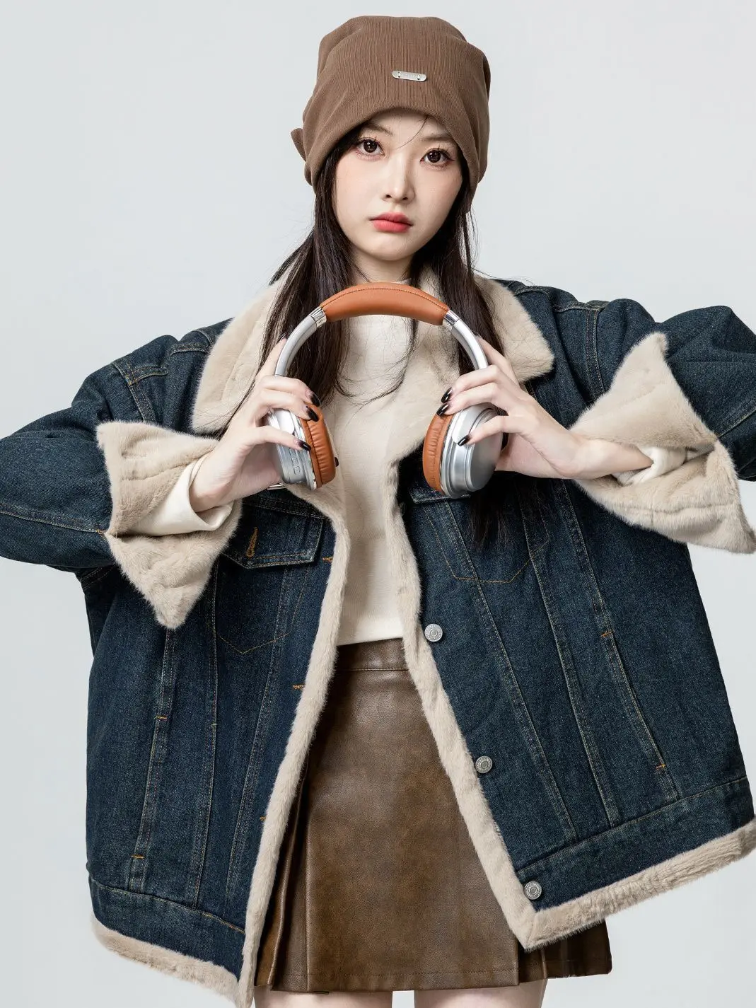 

Denim Coat Long Patch Fur Plush Womens Autumn Patchwork Quilted Adjustable Standneck Outwears Subcultural Urban Social Jackets