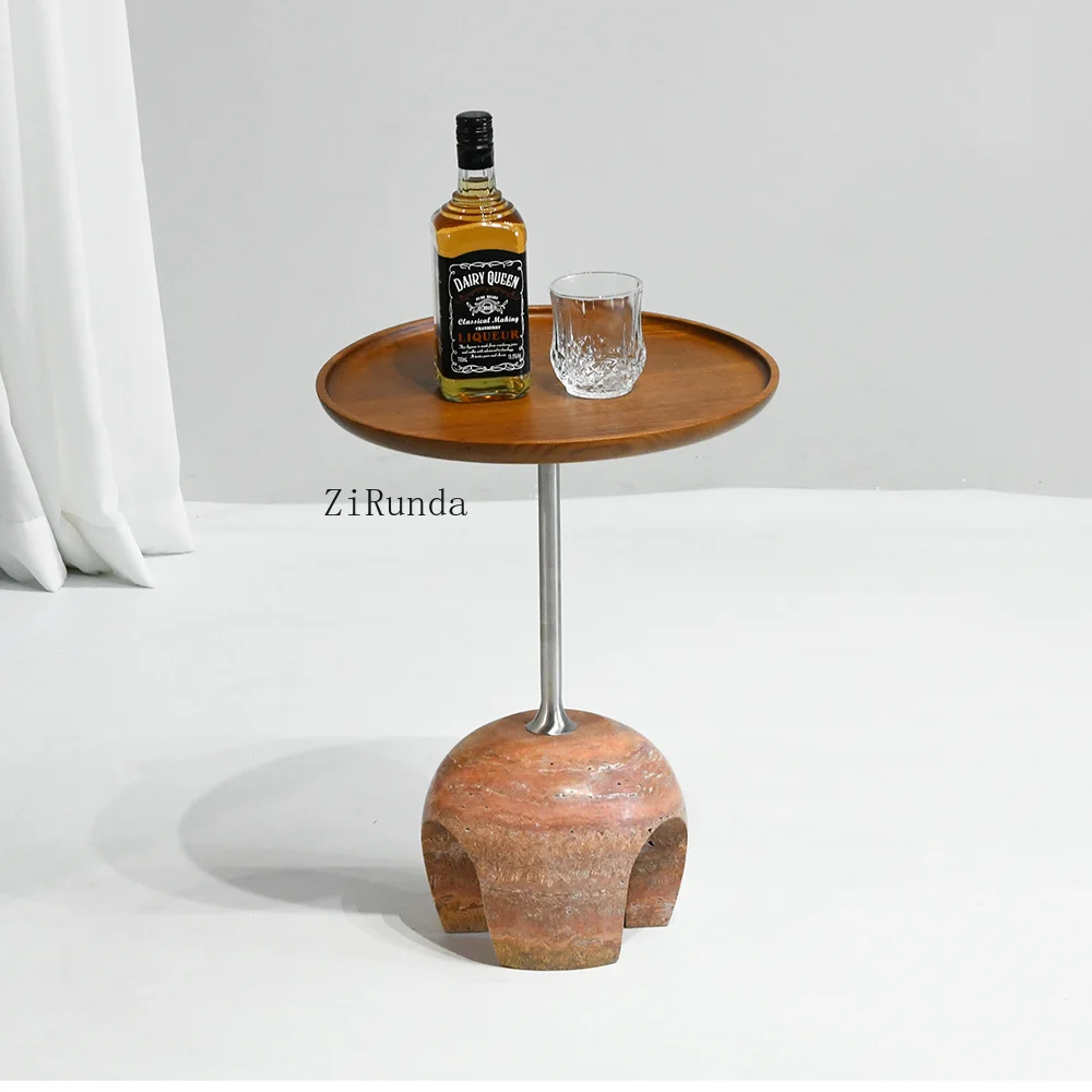 With red limestone base and metal pole support, walnut tray table top, suitable for living room and bedroom