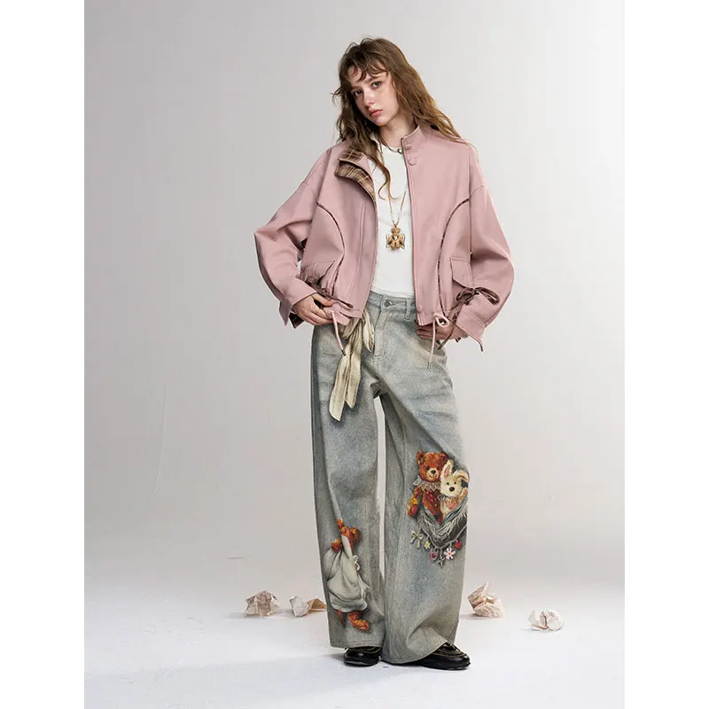 ELFSACK Women's Pink Crop Jacket with Gingham Patchwork, Bow Drawstring and Stand Collar for Everyday Casual Wear