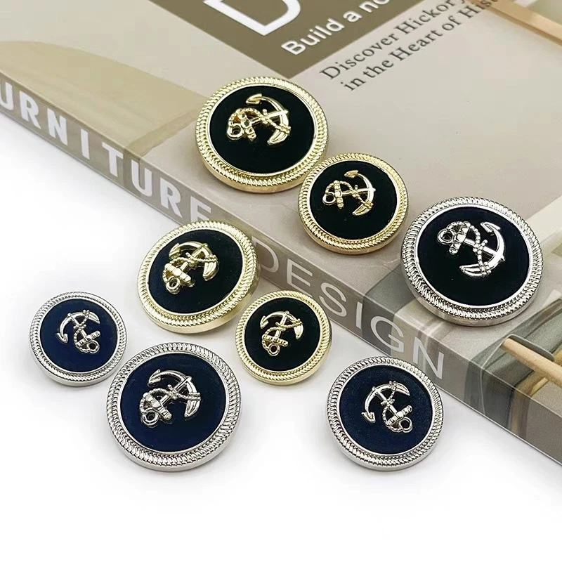 FCXDG 10pcs Vintage British Style Fashion Clothing Buttons Navy Anchor Design Metal Flocking Gold Round Sewing Buttons for Coat