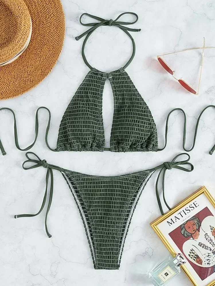 2025 Halter Tie Side Hollow Out Smocked Bikini Women Swimsuit Female Swimwear Two Pieces Bikini Set Swim Bathing Suit Beach Wear