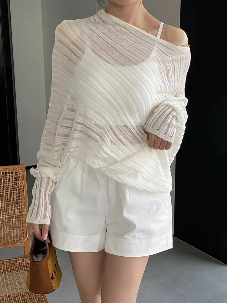 Pullover Kintting Semitransparent Women's T-shirt 2025 Summer New Loose Casual Batwing Long Sleeve White Tops 2G7FW