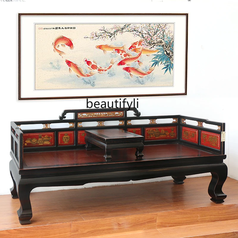 Antique Furniture Solid Wood Sofa Old Elm Arhat Bed Couch Classical Arhat Collapse Arhat Chair