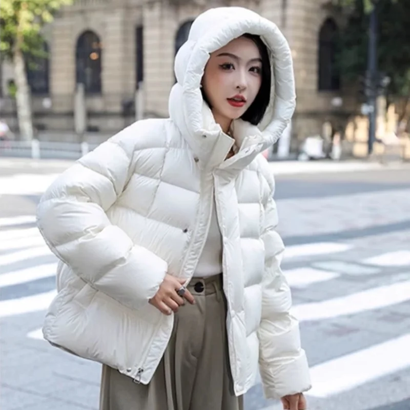 Women\'s Thick Loose Warm Hooded Down Jacket, Korean Simple Casual Snow Wear, Female Outerwear, Winter Coat, New