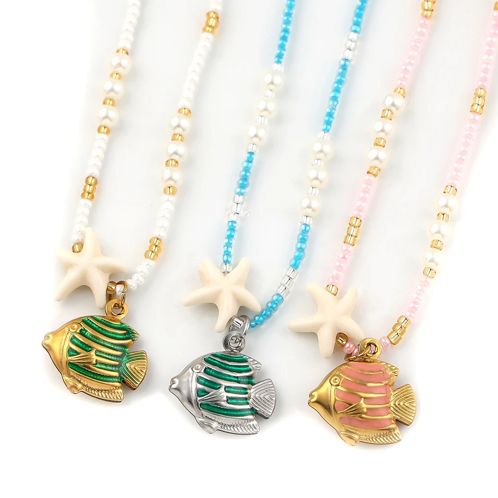 

Stainless Steel Bohemia Fish Pendants Necklaces For Women Girls Summer Beach Fashion Starfish Glass Beaded Chain Jewelry Gift