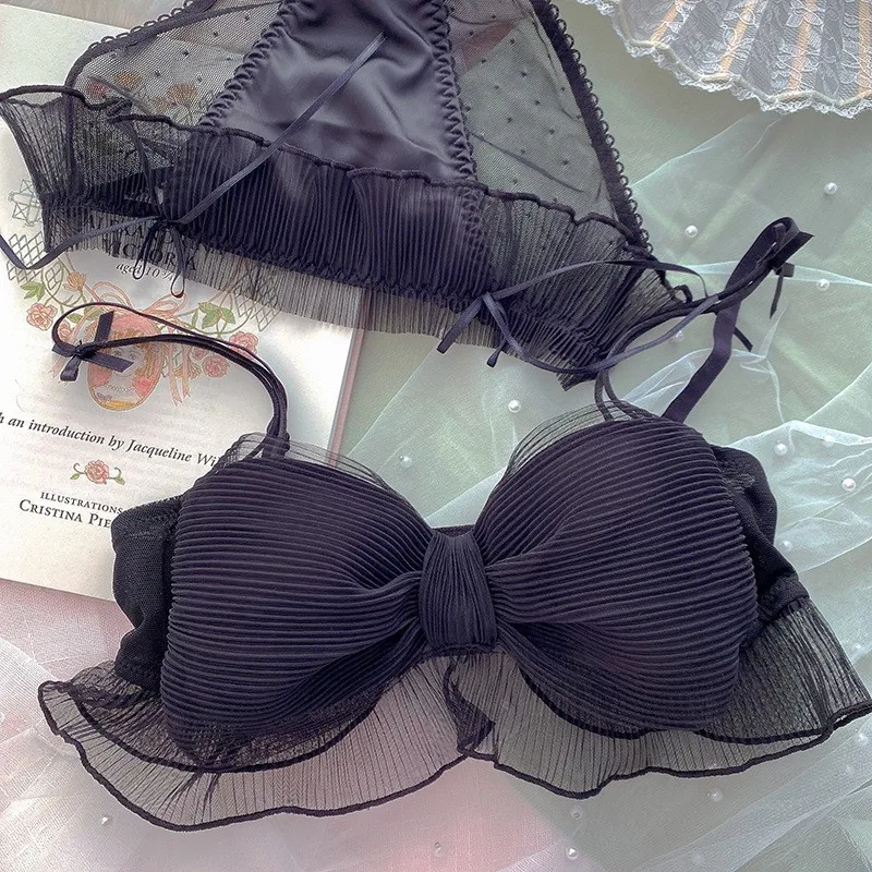 Japanese style sexy Korean girl bow pure lovely lingerie set mesh sweet bra without steel ring