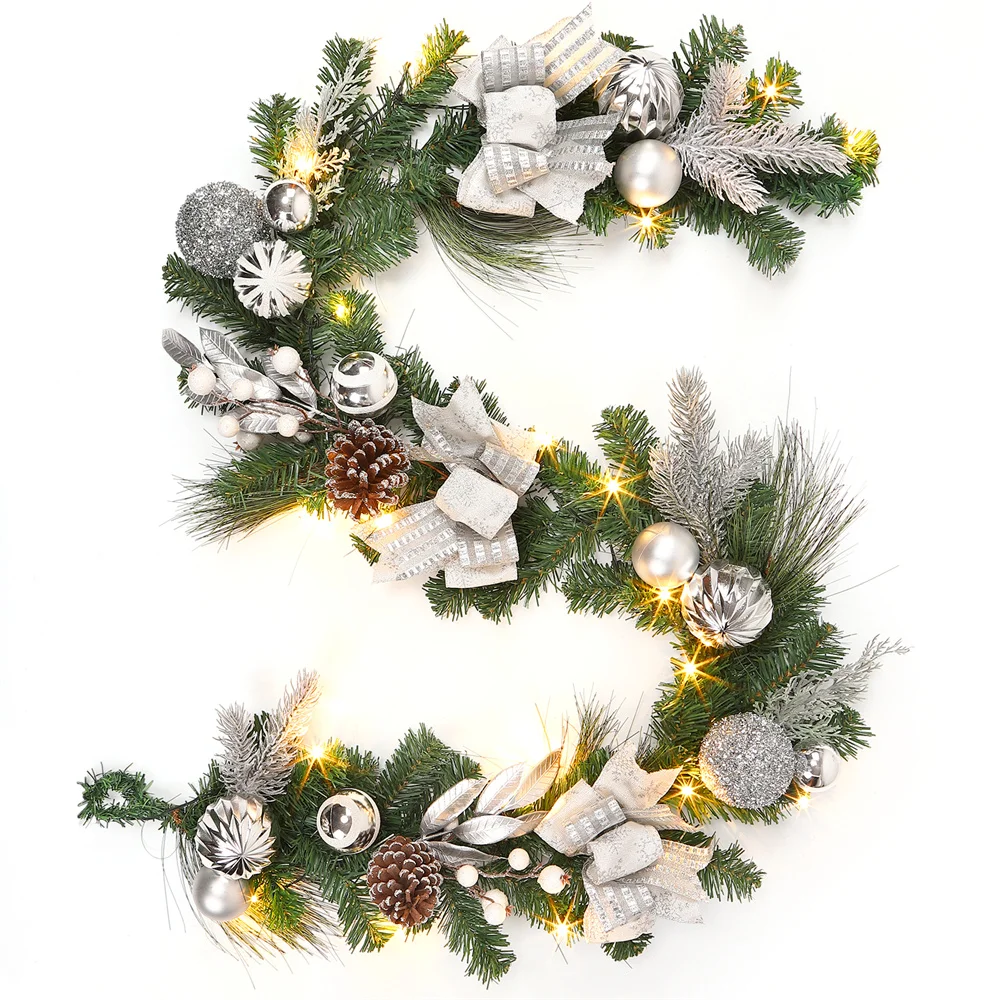 

6FT Christmas Garland with Lights, Silver Prelit Christmas Garland with 20 LED Lights, Pinecones, Berries, Bows and Balls