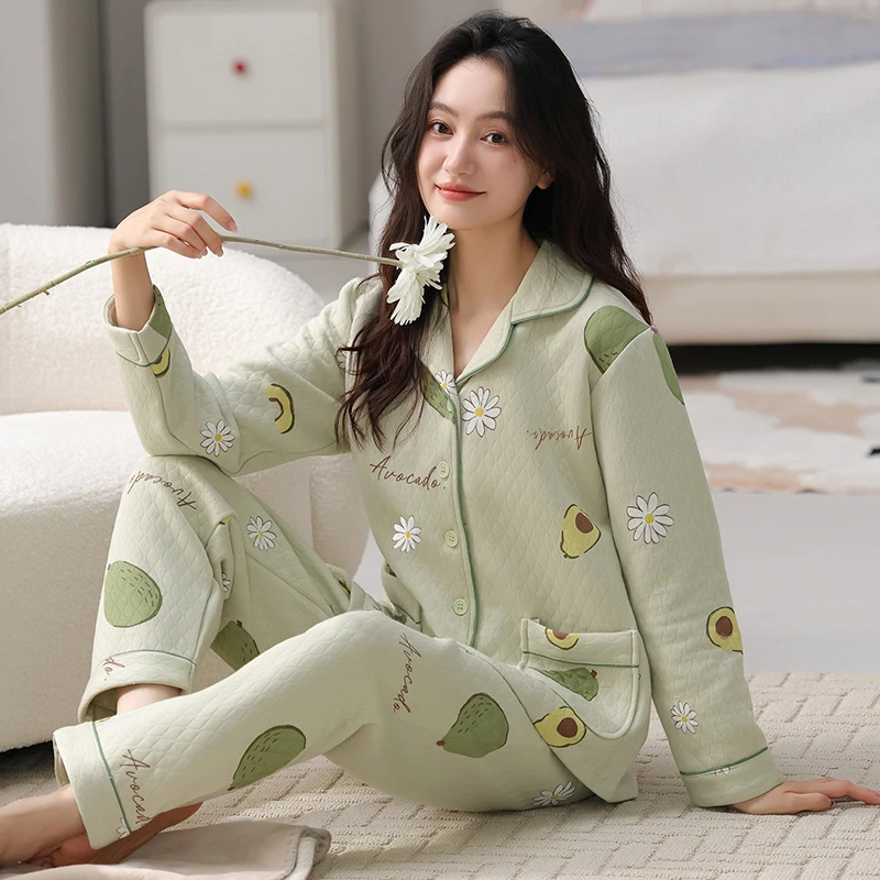 

Зимний женский пижамный комплект большого размера M-3XL, хлопковая пижама с воздушным зажимом, женская плотная одежда для сна с отложным воротником