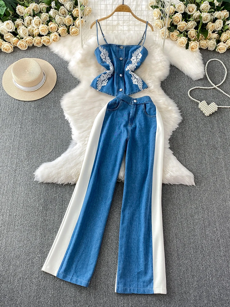 

Retro Hot Girls Two-piece Set Women's Chic Lace Single Breasted Camisole Tops High Waisted Patchwork Denim Wide Leg Pants Suit